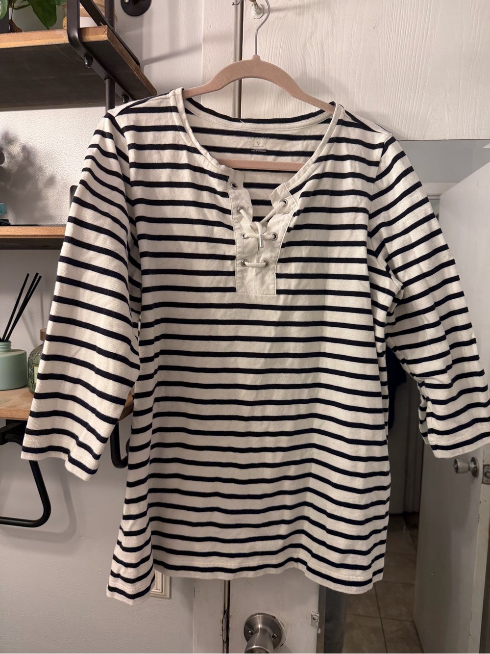 Lands' End Black and White Striped Lace-Up Long Thick Sleeve Tee Shirt
